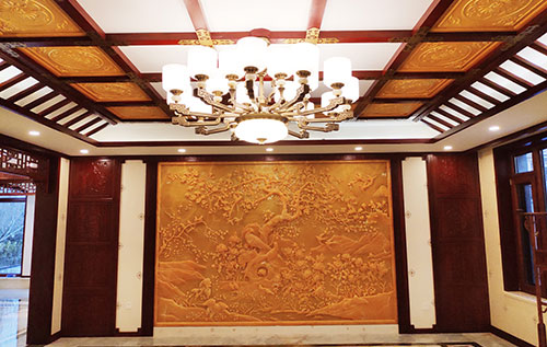 阳新中式别墅客厅中式木作横梁吊顶装饰展示