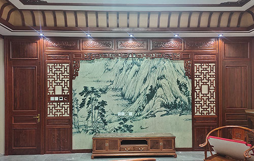 阳新中式仿古别墅客厅背景墙花格木作装饰